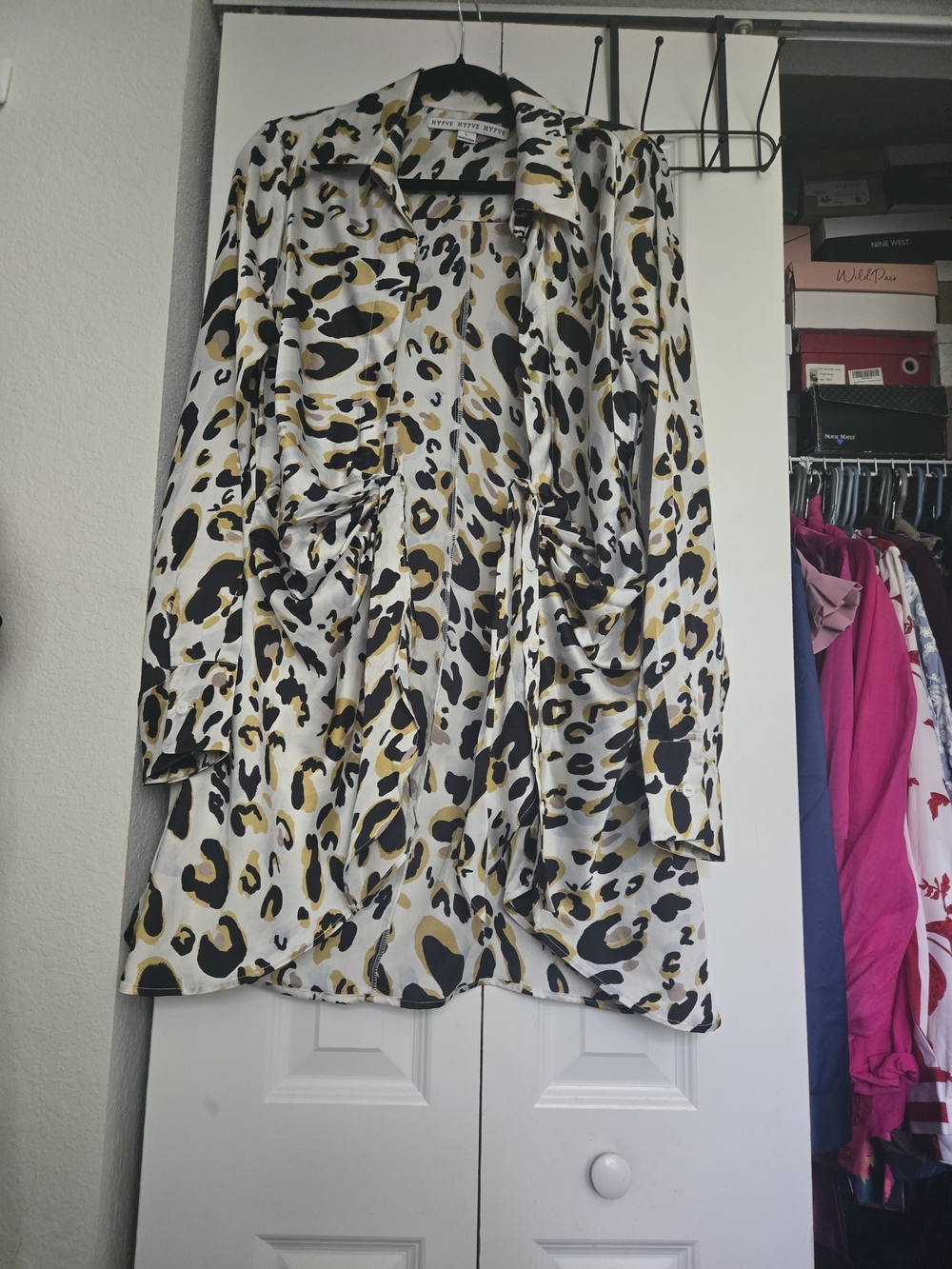 Steve Madden White, Black & Gold Leopard-Print High Low Dress, With Open Front